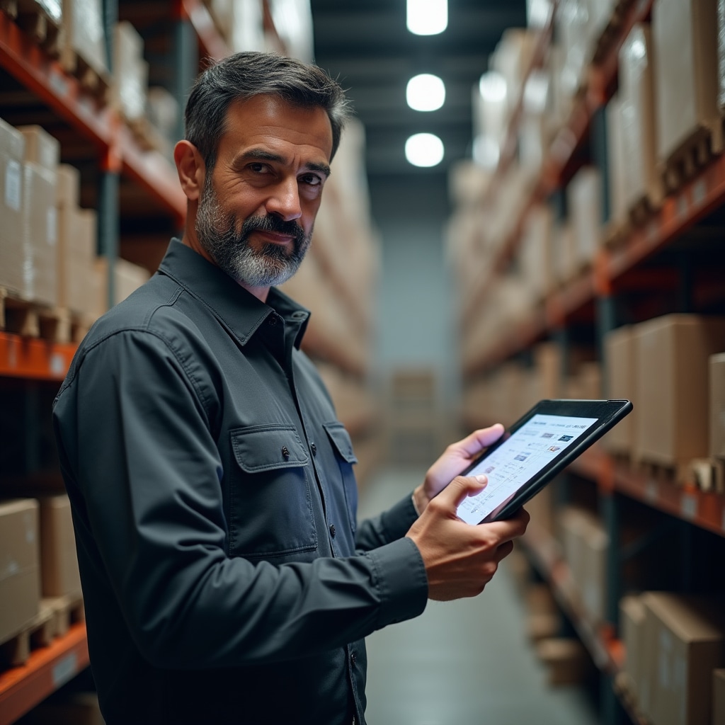 Skladník vykonáva inventúru pomocou tabletu